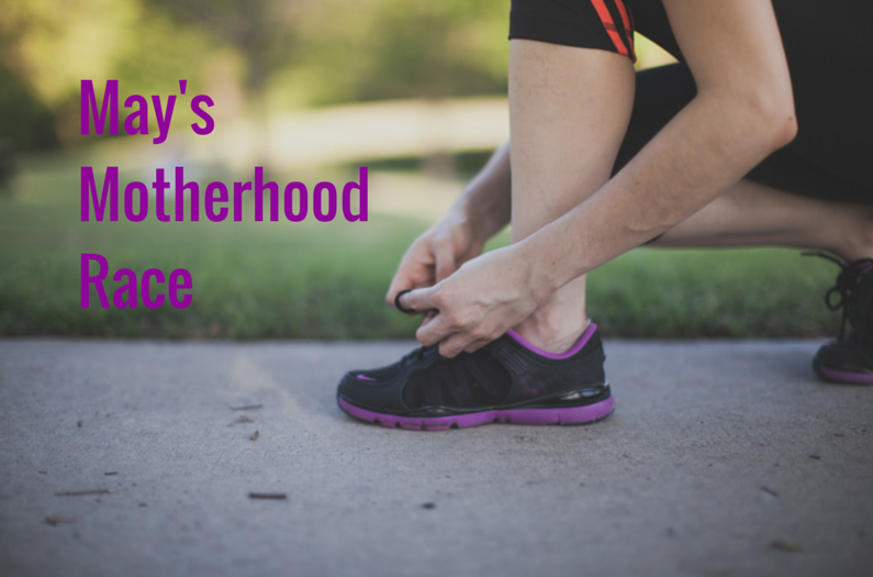 may's motherhood race, woman tieing shoes